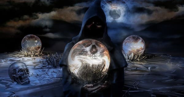 A hooded figure in a dark robe holding a glowing crystal ball with a skull inside. Surrounding the figure are three other crystal balls with eerie, supernatural scenes inside. The background is a dark, otherworldly landscape with skulls and mystical elements.