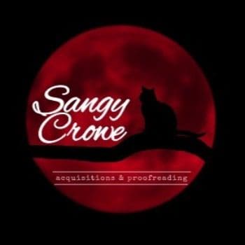 A circular logo with a red moon in the background, a silhouette of a cat sitting on a branch, and the text "Sangy Crowe" above "acquisitions & proofreading."