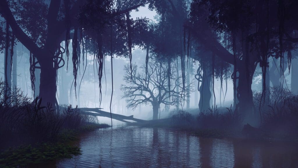 Calm swampy river among thickets of old creepy trees in a dark mysterious forest at misty dusk or night. With no people fantasy woodland scenery 3D illustration from my own 3D rendering.