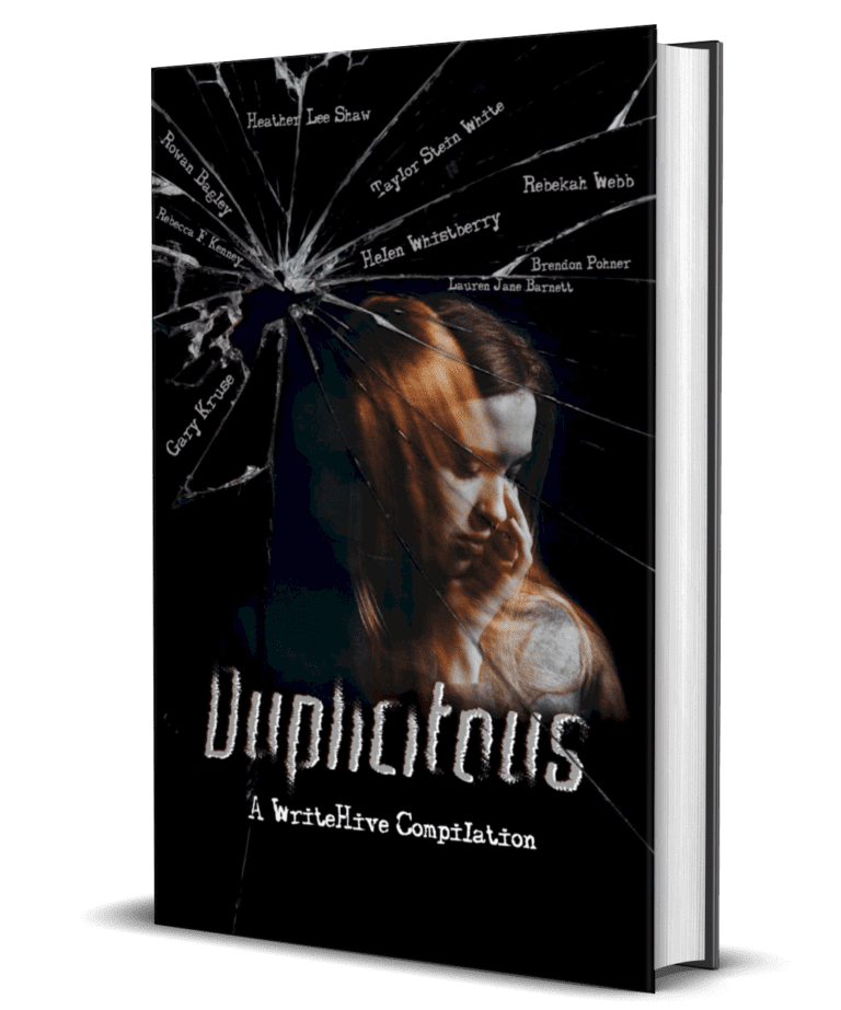 Duplicity Compilation Cover: Book cover for "Duplicity: A WriteHive Compilation," featuring a cracked glass effect with a woman's face reflected in the shards. The cover is dark with white text.