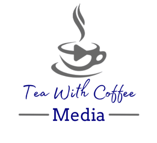 Logo for "Tea With Coffee Media" featuring a stylized gray teacup with steam forming a play button, accompanied by the text "Tea With Coffee Media" in blue and gray.