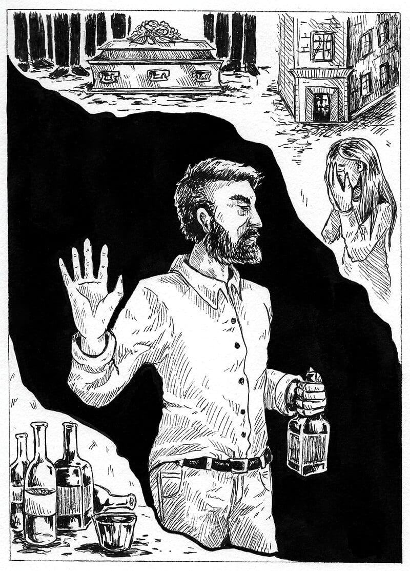Art reveal for the book "At The Gate" featuring a black-and-white illustration. The central figure is a bearded man holding a bottle of liquor, raising his hand in a gesture of stopping or warding off. Surrounding him are symbolic elements: a coffin in the background, a distressed woman covering her face, and a shadowy building with a figure in the doorway. The scene conveys a sense of foreboding and inner turmoil.