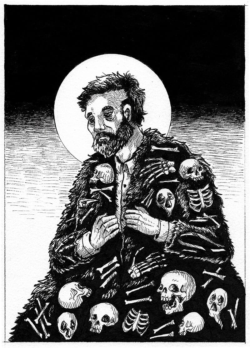 Art from "At The Gate" featuring a black-and-white illustration of a bearded man wearing a cloak covered in skulls and bones. The man stands with a solemn expression, framed by a large, glowing moon in the background, adding a haunting and somber tone to the scene. The intricate details of the bones and skulls emphasize a theme of mortality and darkness.
