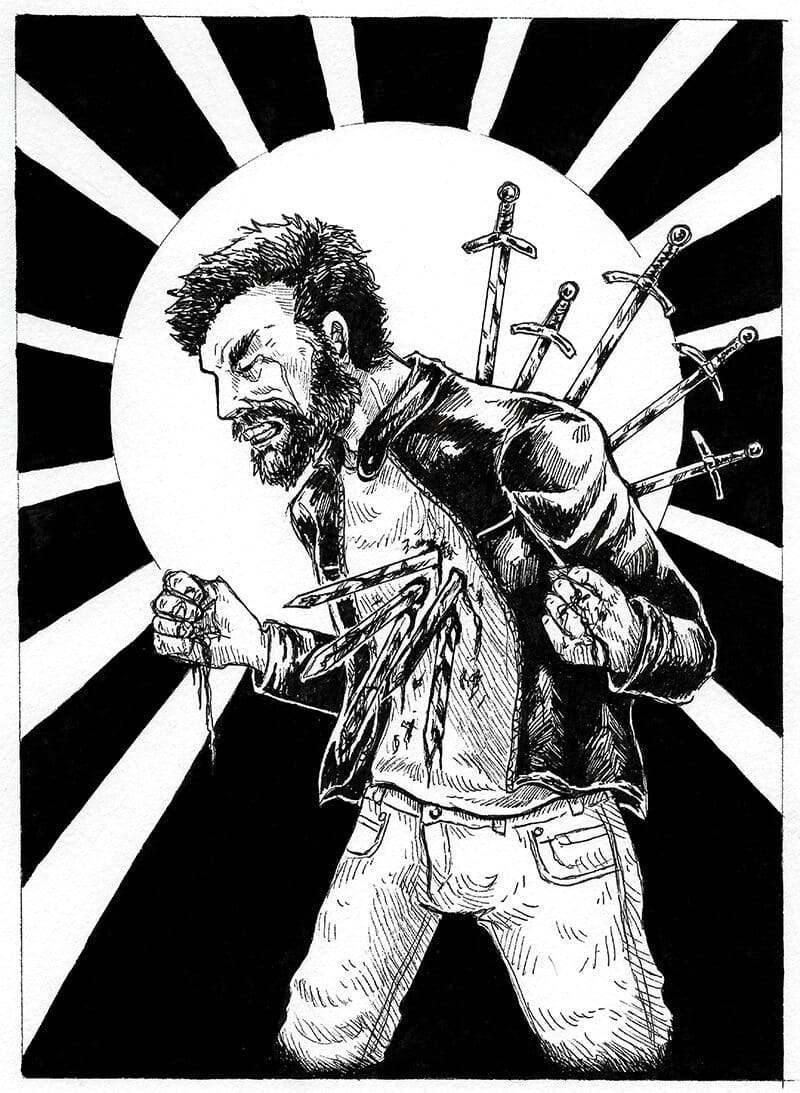 A black-and-white illustration of a bearded man with several swords stabbed into his back. He is hunched over, bleeding from the wounds, with a determined expression on his face. The background features a large, glowing circle with sharp black rays, emphasizing the intensity of the scene.