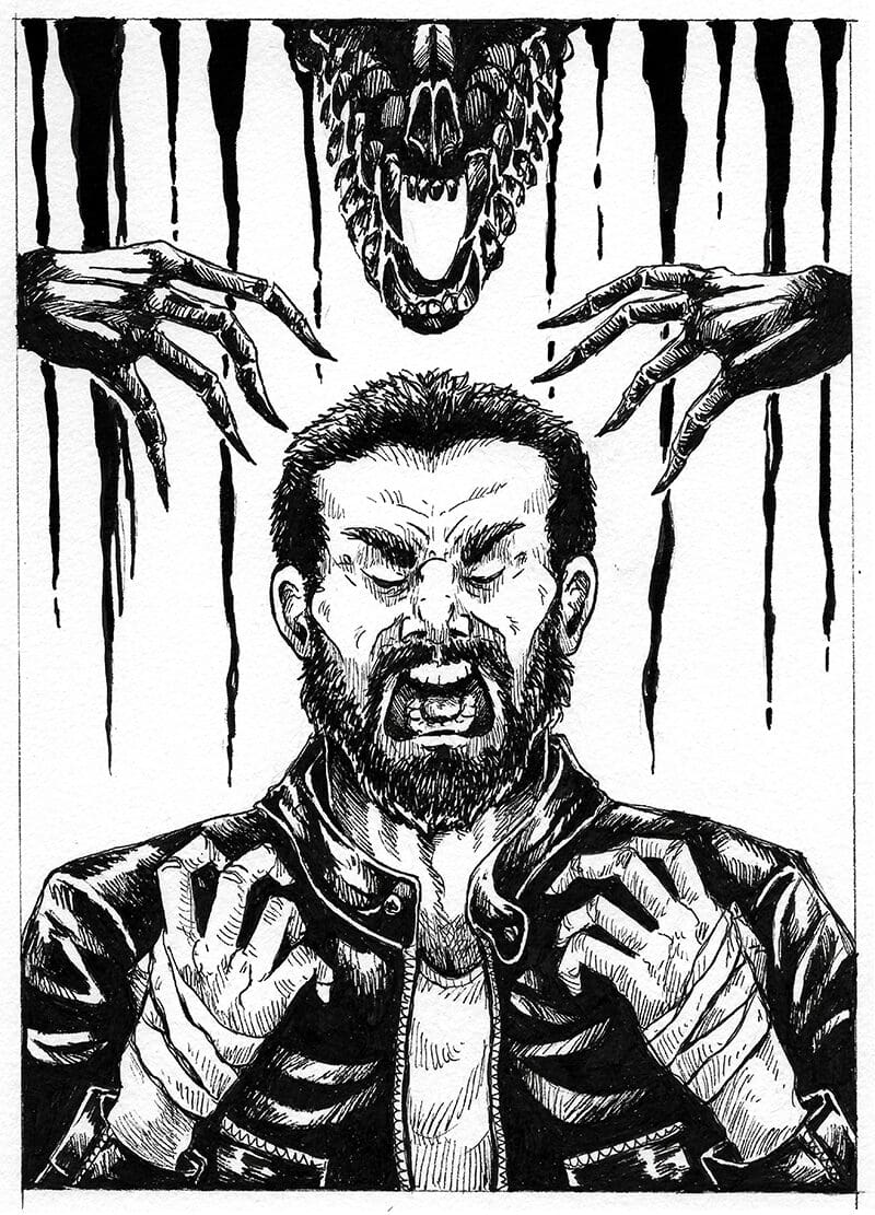 A black-and-white illustration depicting a man with a pained expression, clutching his chest as dark hands with long, sharp claws descend from above. A large, menacing skull with sharp teeth looms overhead, creating a nightmarish atmosphere.