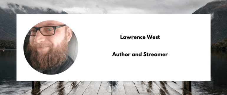 Author Bio Card for Lawrence West, Lawrence has a beard and is wearing glasses the background behind the card is a dock on a lake