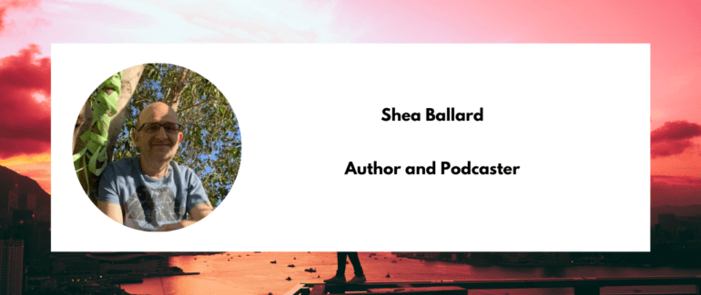 Staff card for Shea Ballard Author and Podcaster it features a photo of Shea out in nature and behind the card is a sunset beach photo