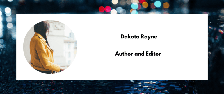 Bio Card for Dakota Rayne Author and Editor it features her photo on the left in a circle and an urban background image with lights