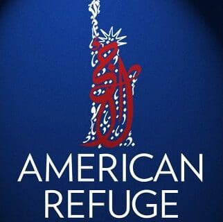 Cover of the book 'American Refuge: True Stories of the Refugee Experience' by Diya Abdo. The cover features a dark blue background with a stylized graphic of the Statue of Liberty's torch in red, adorned with intricate Arabic calligraphy. The title 'American Refuge' is written in bold white letters, with the subtitle 'True Stories of the Refugee Experience' in smaller, yellow text beneath it. The author's name, Diya Abdo, is displayed at the bottom in white. At the top of the cover, a review excerpt from Kirkus Reviews is highlighted in red.