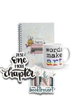 Happiness notebook, Words Make Art Mug, One More Chapter, booktovert sticker