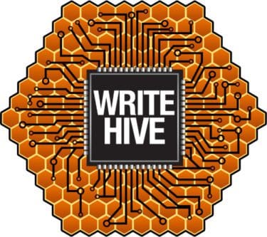 Logo for Write Hive featuring a honeycomb pattern with a circuit board design integrated into the hexagonal cells. At the center of the honeycomb is a black square with the words 'Write Hive' in bold, white letters. The design symbolizes the connection and creativity within the writing community, blending elements of technology and collaboration.