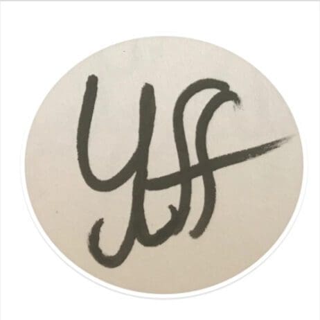 A circular logo with the stylized initials 'YSF' written in a flowing, cursive script. The letters are in black and are positioned against a light beige background, giving the logo a simple yet elegant appearance.