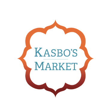 Logo for Kasbo's Market featuring the market's name in blue, stylized text centered within a decorative, symmetrical frame. The frame has a gradient color scheme, transitioning from orange at the top to deep red at the bottom. The design has a clean and elegant appearance, suggesting a refined or artisanal market.