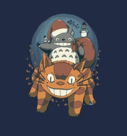 A stylized illustration featuring a large, smiling, striped cat-like creature with a wide grin. Riding on the back of the creature is a large, round, gray character wearing a Santa hat and holding a sack. The background is a dark blue, with a circular design element behind the characters, and small details like leaves or sparkles are scattered around them, giving the scene a whimsical and festive feel.