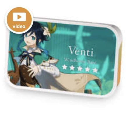 The image shows a rectangular tin box featuring the character Venti from the game Genshin Impact. The design on the tin includes an illustration of Venti holding a lyre with the background in various shades of teal and green. The text "Venti" and "Windborne Bard" is displayed on the tin along with five stars below the text. There is also a circular overlay in the top left corner of the image with the word "video" and a play icon.