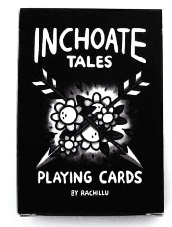 A black and white box of playing cards titled "Inchoate Tales" by Rachillu. The design on the box features a stylized image of two crossed arrows with flowers at the intersection, surrounded by a glowing effect. The text is bold and hand-drawn, contributing to the whimsical and artistic style of the packaging.