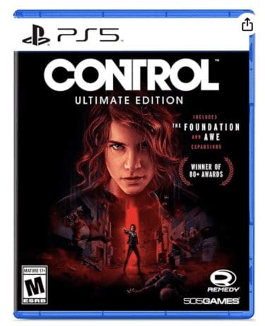 Cover of the PlayStation 5 game 'Control: Ultimate Edition.' The cover features a close-up of the protagonist, Jesse Faden, with her intense expression, surrounded by a dark, red-hued scene that includes action-packed elements from the game. Below her, a smaller image of Jesse is shown in an action pose, with her hand extended as if using her telekinetic powers. The title 'Control' is prominently displayed at the top in bold white letters, with 'Ultimate Edition' written underneath. The cover also highlights that the edition includes 'The Foundation and AWE expansions' and mentions that the game is a 'Winner of 80+ Awards.' The logos for Remedy Entertainment and 505 Games are at the bottom right, and the ESRB rating of 'M for Mature 17+' is at the bottom left.
