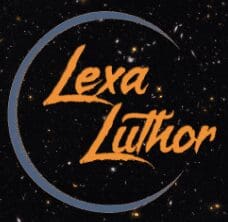 Logo for Lexa Luthor featuring the name 'Lexa Luthor' in bold, orange, cursive-style font. The text is set against a black, starry background and is partially enclosed by a crescent moon shape in gray, creating a celestial and mysterious vibe.