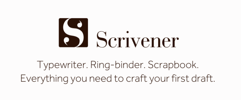 Logo for Scrivener, featuring a stylized 'S' in a dark brown square on the left. Next to the logo, the word 'Scrivener' is written in a classic serif font. Below the name, a tagline reads: 'Typewriter. Ring-binder. Scrapbook. Everything you need to craft your first draft.' The design is clean and professional, emphasizing Scrivener's utility as a comprehensive writing tool.