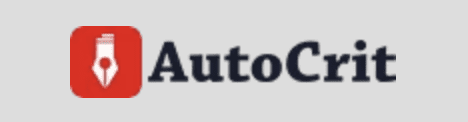 The image shows the AutoCrit logo. It features a red square icon with a white fountain pen nib in the center, followed by the word "AutoCrit" in bold, dark text. The background is light gray.