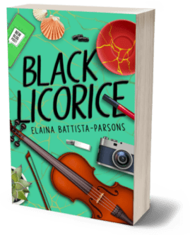 Book Cover for Black Licorice by Elaina Battista-Parsons features a green background with various items like a violin, phone, seashells, and a camera.