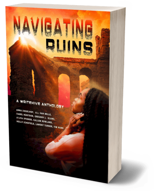 3D render of the book 'Navigating Ruins,' a WriteHive anthology. The cover features a striking image of ancient, sunlit ruins with large archways set against a bright orange and yellow sky. In the foreground, a woman with dark curly hair, facing sideways, looks up toward the ruins, with her hands raised in a gesture of contemplation or exploration. The title 'Navigating Ruins' is displayed prominently at the top in bold, weathered yellow and black text. Below the title, the subtitle 'A WriteHive Anthology' is written in smaller white text, along with the names of the contributing authors. The cover evokes a sense of discovery and resilience amidst decay.