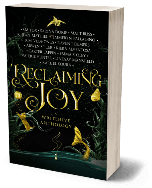 3D render of the book 'Reclaiming Joy,' a WriteHive anthology. The cover features an enchanting, dark design with swirling green vines and glowing golden elements, including butterflies and a key. The title 'Reclaiming Joy' is written in large, elegant gold text in the center, with the subtitle 'A WriteHive Anthology' below it. Above the title, the names of the contributing authors are listed in smaller white text. The overall design evokes a sense of magic and renewal, with the gold accents standing out against the dark background, suggesting themes of hope and transformation.