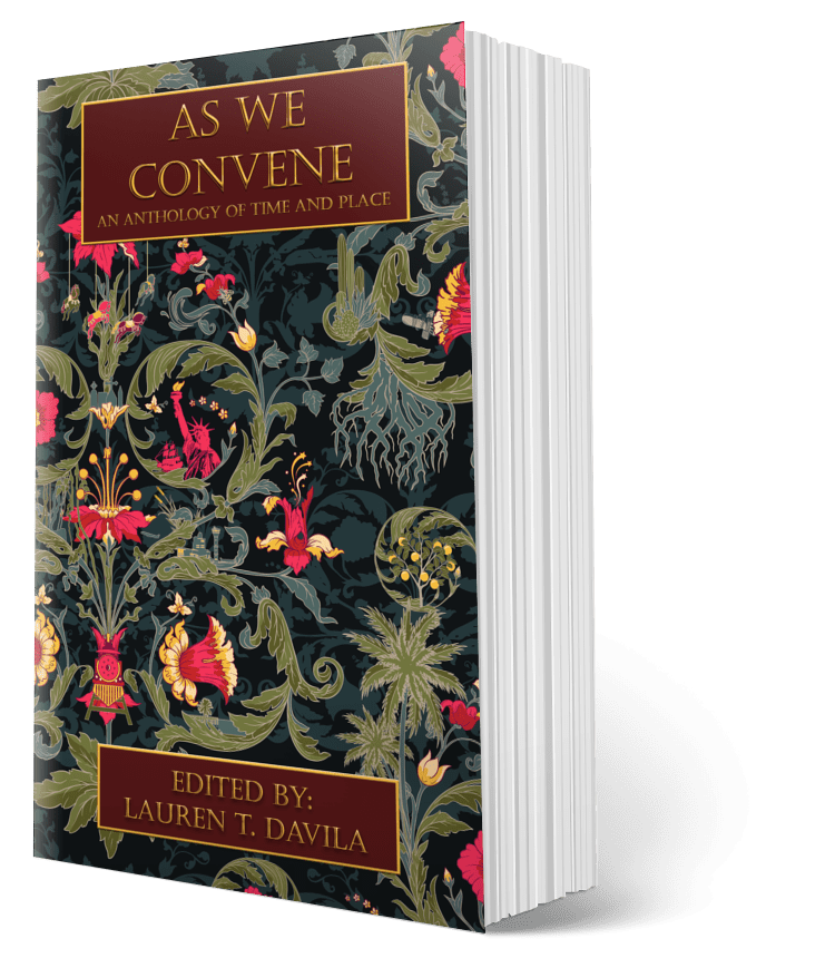 Book Cover for As We Convene An Anthology of time and place it has lots of flowers on the cover and the text is written in this embossed gold over a dark red background