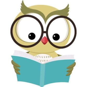 Illustration of a light green owl reading a book, the owl is wearing giant round glasses and has a reddish beak