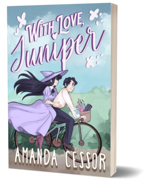 Book Cover Image for With Love Juniper by Amanda Cessor, it features the title of the book in purple pink and it has a woman in a purple dress and hat riding tandem on a bike with someone else.